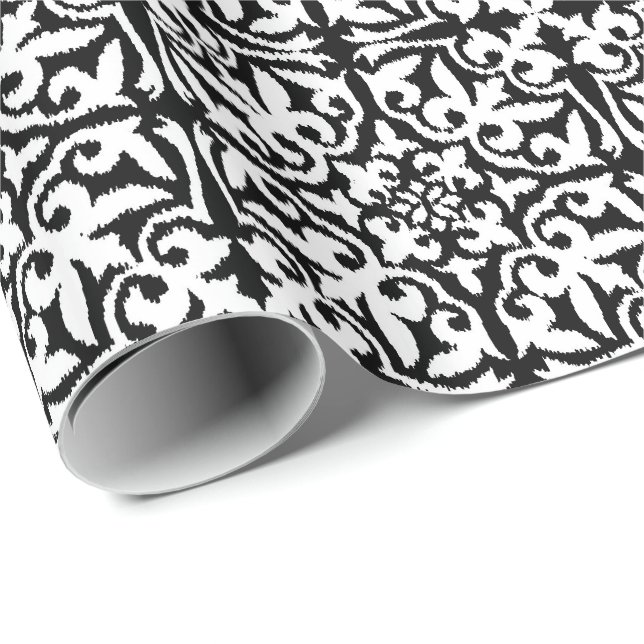 Papel De Regalo Modelo del damasco de Ikat - blanco y negro (Esquina del rollo)