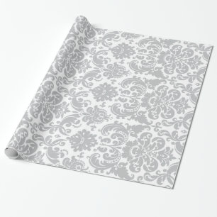 Papel De Regalo Modelo elegante gris y blanco del damasco