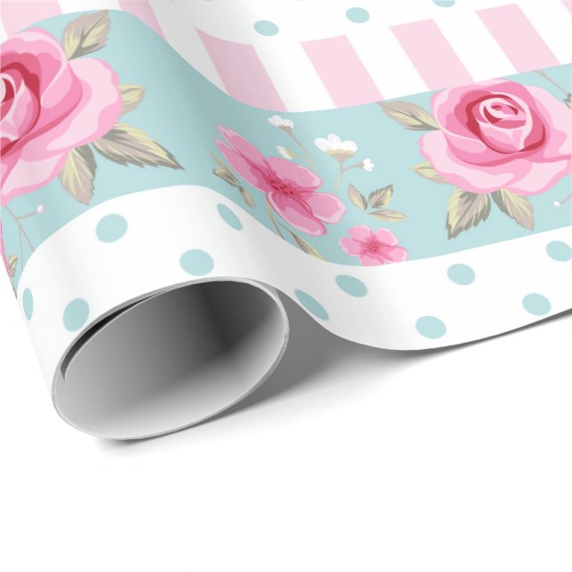 Papel De Regalo Modelo floral romántico de los rosas del rosa y de (Esquina del rollo)