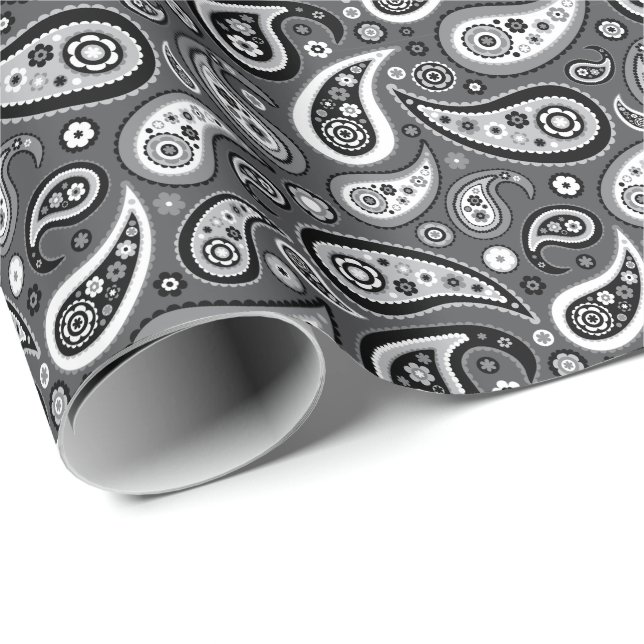 Papel De Regalo Modelo gris y negro retro de Paisley (Esquina del rollo)