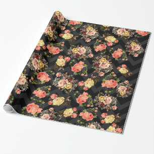 Papel De Regalo Modelo negro de Chevron de los rosas del vintage