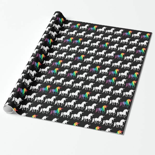 Papel De Regalo Modelo negro y blanco del unicornio del arco iris (Desenrollado)