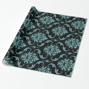 Papel De Regalo Modelo verde azulado y negro del damasco del