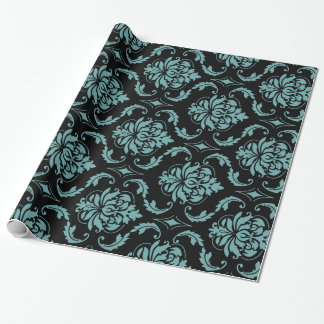 Papel De Regalo Modelo verde azulado y negro del damasco del
