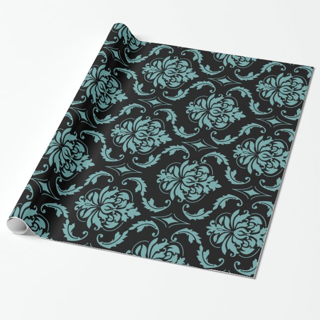 Papel De Regalo Modelo verde azulado y negro del damasco del (Desenrollado)