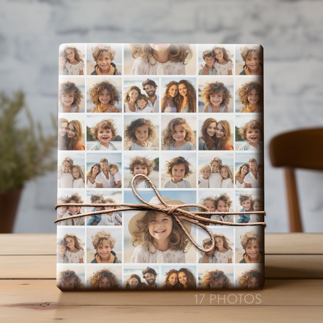 Papel De Regalo Moden, cuadrícula de fotos mínima con 17 fotos (Custom Photo Collage Wrapping Paper - All Occasion)