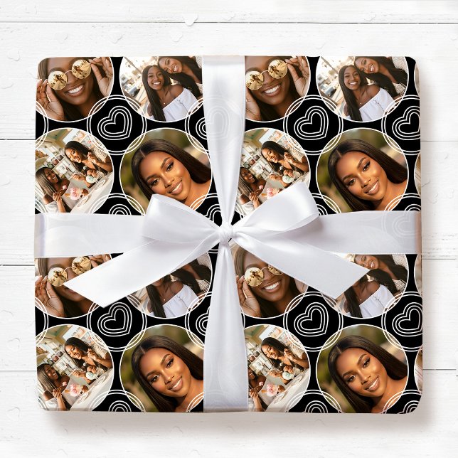 Papel De Regalo Modern 4 Photo Collage Circle Heart Pattern Black (Subido por el creador)