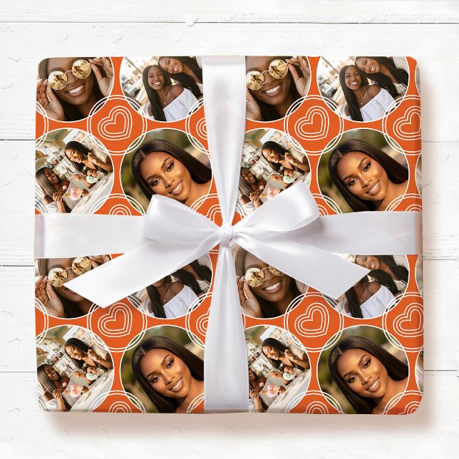 Papel De Regalo Modern 4 Photo Collage Circle Heart Pattern Orange (Subido por el creador)