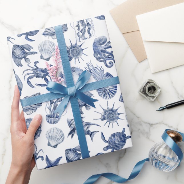 Papel De Regalo Modern Beach Coastal Watercolor Wedding Blue (Regalar)