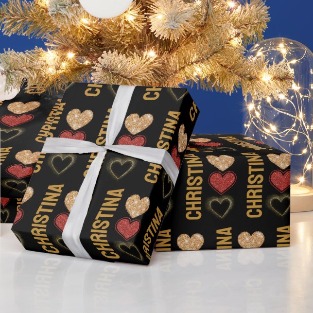Papel De Regalo Modern Black Gold & Red Hearts Name Valentines Day (Vacaciones)