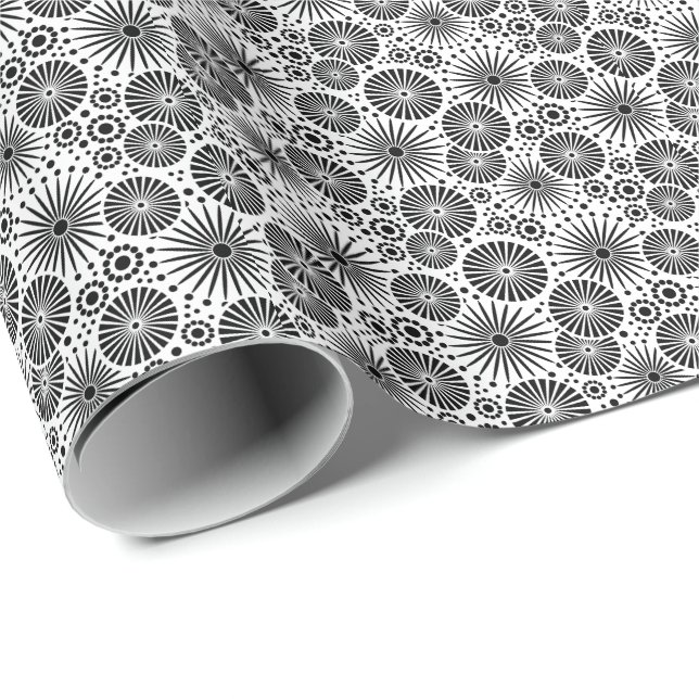 Papel De Regalo Modern Black White Geometric Flowers Starburst  (Esquina del rollo)