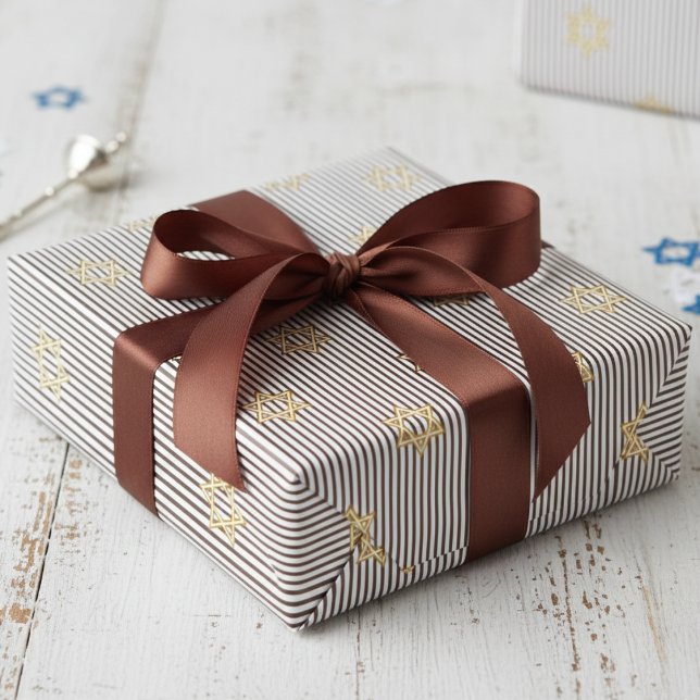 Papel De Regalo Modern Dark Brown Jewish Gold Star of David (Modern Elegant Dark Brown Stripes Jewish Wrapping Paper for Him for Bar Mitzvah, Mazel Tov, Hanukkah)