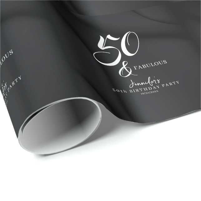 Papel De Regalo Modern Elegant Black White Fifty Fabulous Birthday (Esquina del rollo)