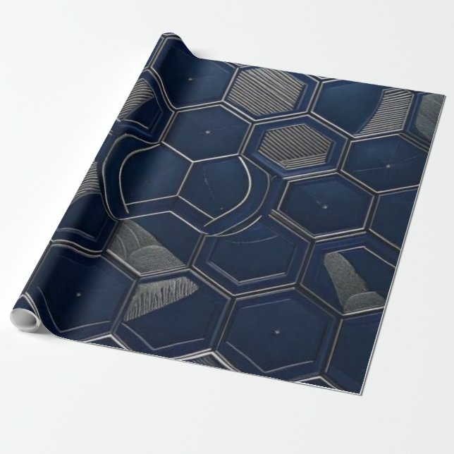 Papel De Regalo Modern Navy & Carbon Hexagon Tech Geometric (Desenrollado)