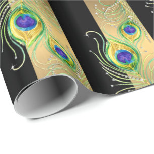 Papel De Regalo Modern Peacock Feathers Faux Jewel Striped Hearts