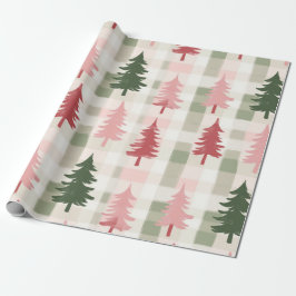 Papel De Regalo Modern Pink & Green Pine Tree Plaid Christmas