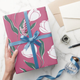 Papel De Regalo Modern Pink Tulip White Floral Pattern