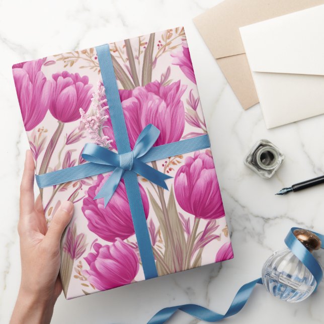 Papel De Regalo Modern Pink Tulip White Floral Pattern (Regalar)
