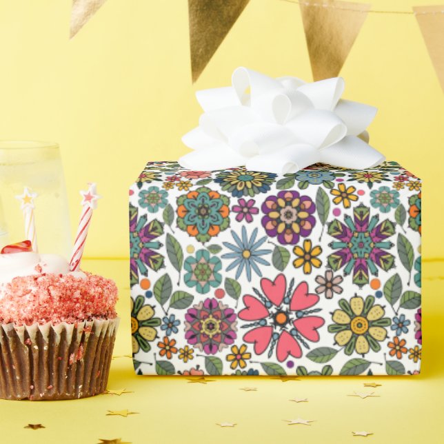 Papel De Regalo Modern Retro Floral Drawing Seamless Pattern Art (Fiesta de cumpleaños )