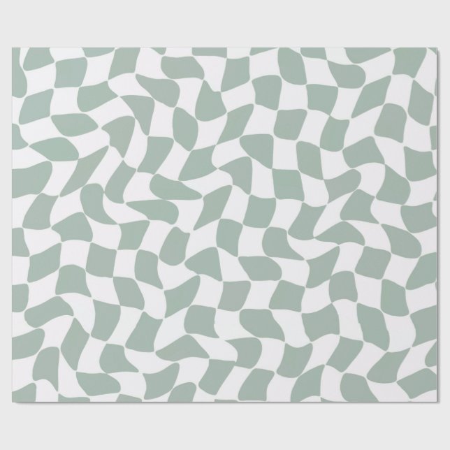 Papel De Regalo Modern Sage Green & White Wavy Checkerboard (Superficie plana)