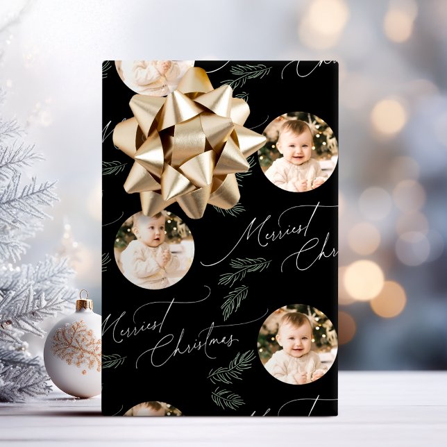 Papel De Regalo Modern Script Merriest Christmas Family 2 photo (Modern Script Merriest Christmas Family 2 photo Wrapping Paper)