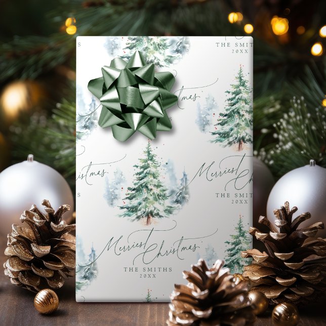 Papel De Regalo Modern Script Pine Tree Merriest Christmas (Modern Script Pine Tree Merriest Christmas Wrapping Paper)