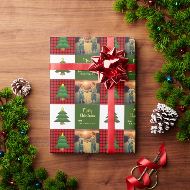 Papel De Regalo Modern trees Merry Christmas family photo (Regalo de vacaciones)