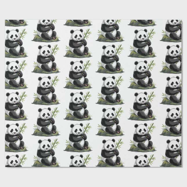 Papel De Regalo Modern Trendy Cute Panda Bear With Greenery Bamboo (Superficie plana)