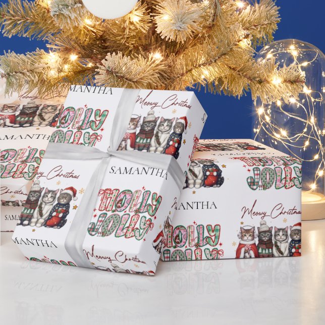 Papel De Regalo Modern Whimsical Holly Jolly Christmas Name  (Vacaciones)