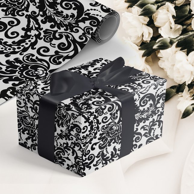 Papel De Regalo Moderna Boda de Damasco floral elegante en blanco  (elegant black and white floral damask wedding wrapping paper)
