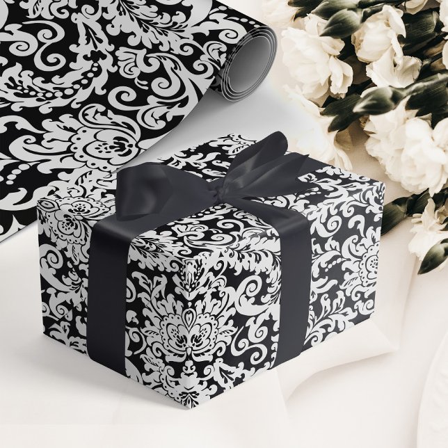 Papel De Regalo Moderna Boda de Damasco floral elegante en blanco  (elegant black and white floral damask wedding wrapping paper)
