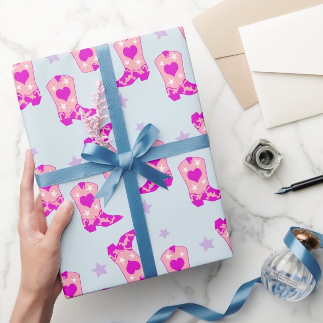 Papel De Regalo Moderna Cowgirl Rosa Azul Occidental Boots Stars (Regalar)