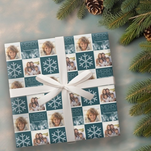 Papel De Regalo Moderna Feliz Navidad Blue Bokeh Personalizado (Personalized wrapping paper with 2 photos)