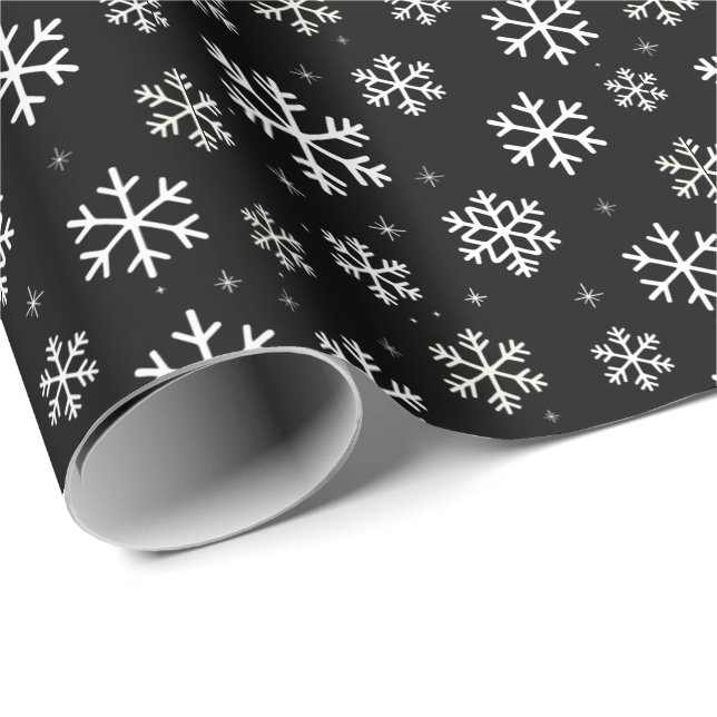Papel De Regalo Moderna Feliz Navidad Snowflakes Pattern Black (Esquina del rollo)