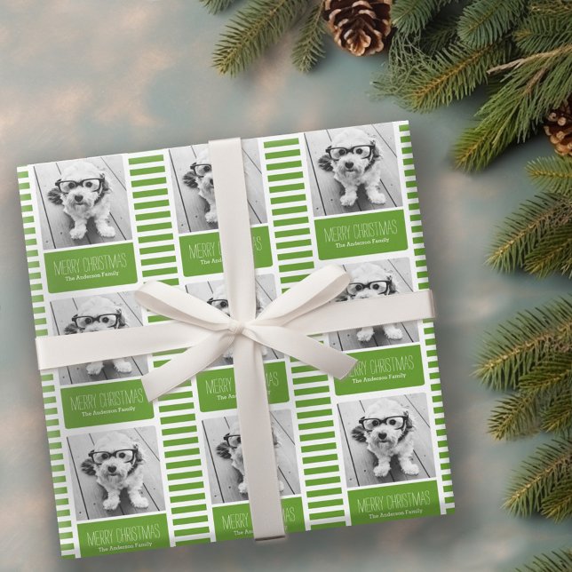 Papel De Regalo Moderna foto de Green Merry Christmas One (Personalized Wrapping paper - 1 Photo)