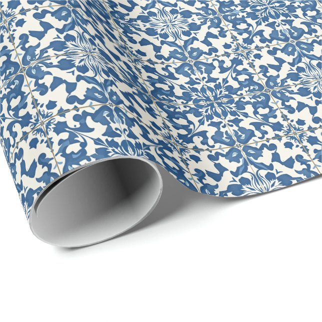 Papel De Regalo Moderna Marina de Azulejos portuguesa y Blanco (Esquina del rollo)