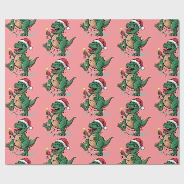 Papel De Regalo Moderna moda Feliz Navidad Dinosaurio Santa Hat (Superficie plana)