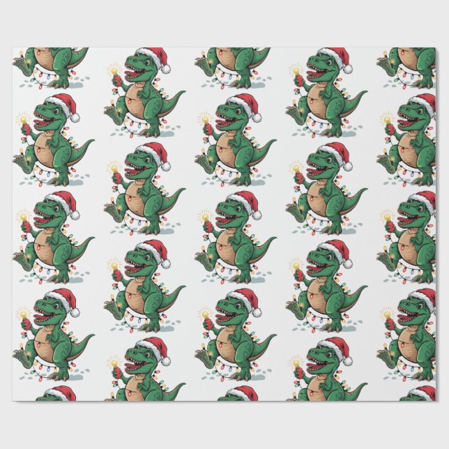Papel De Regalo Moderna moda Feliz Navidad Dinosaurio Santa Hat (Superficie plana)