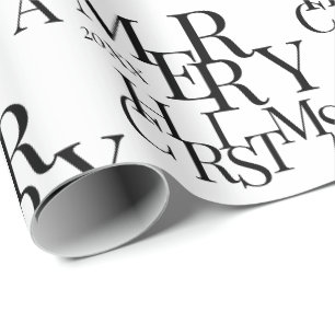 Papel De Regalo Moderna Navidad Mínima Merry en Blanco y Negro