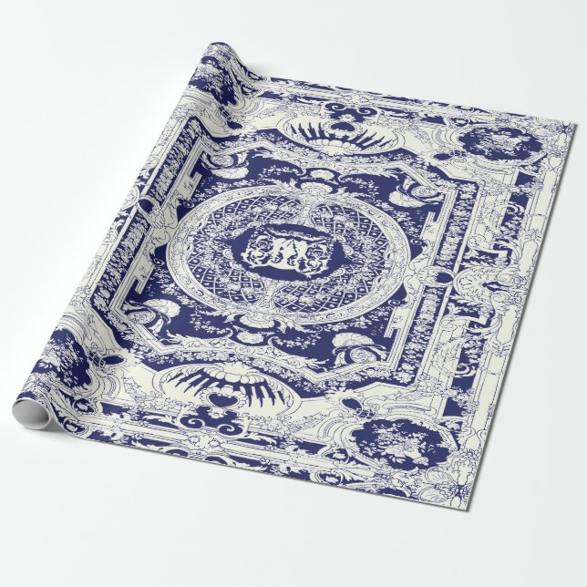 Papel De Regalo Moderna y elegante marina con adornos barrocos azu (Desenrollado)