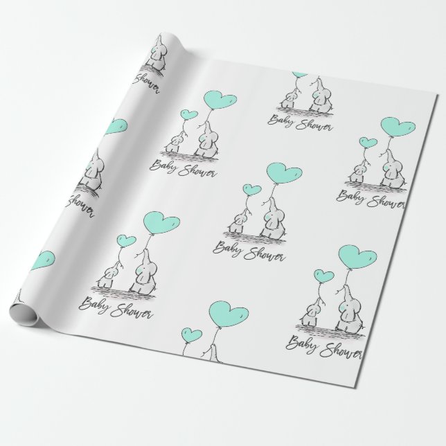 Papel De Regalo Moderno BABY SHOWER Elephant MINT & Grey Gift (Desenrollado)