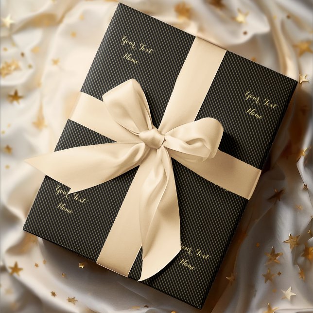 Papel De Regalo Moderno Black Faux Gold Lines Stripes Personalizad (White Gray Stripes Gold Text Christmas Birthday Wrapping Paper)