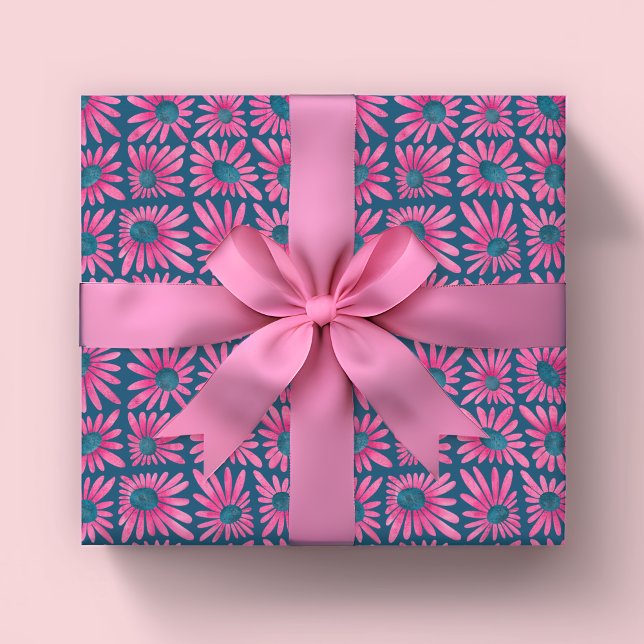 Papel De Regalo Moderno bloqueo floral impresión margarita rosa (Modern block print pink floral retro kitsch wrapping paper rolls.)