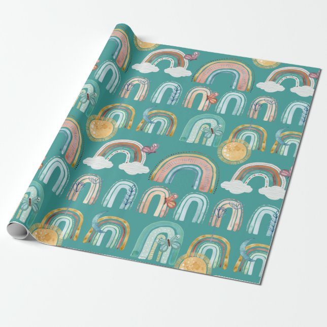 Papel De Regalo Moderno Boho Arcoiris Verde azulado Terracota Must (Desenrollado)