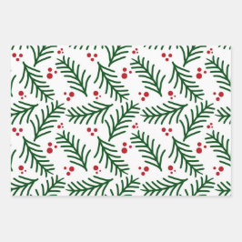 Papel de regalo moderno de Navidad con bayas verde