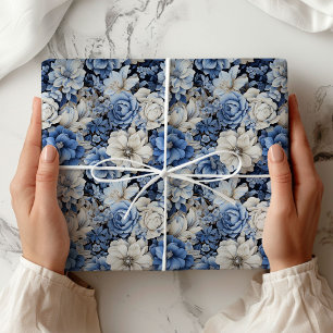 Papel de Regalo Moderno Floral Azul Blanco Marfil