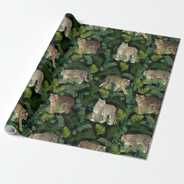 Papel De Regalo Moderno Leopards Tigers Jungle Planta Black Design (Desenrollado)