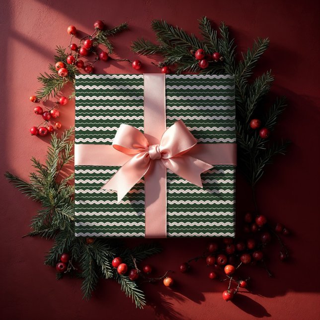 Papel De Regalo Moderno Mínimo Retro Ondulado Verde y Banda Rosa (Modern Minimal Retro Wavy Green & Pink Stripe Wrapping Paper)