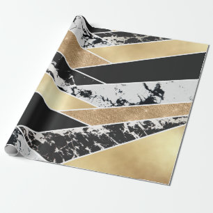 Papel De Regalo Moderno Oro Negro Purpurina Blanco Marble Geométri