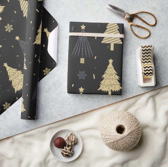 Papel De Regalo Moderno patrón de árbol de Navidad elegante negro  (Artesanía)